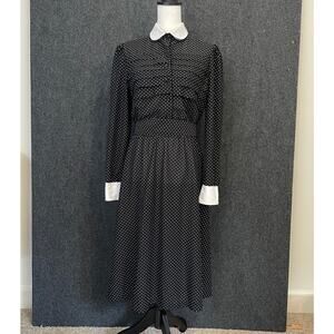 Vintage Sears Shirtdress Black Polka Dot Midi Dress White Collar Cuffs Sz 8